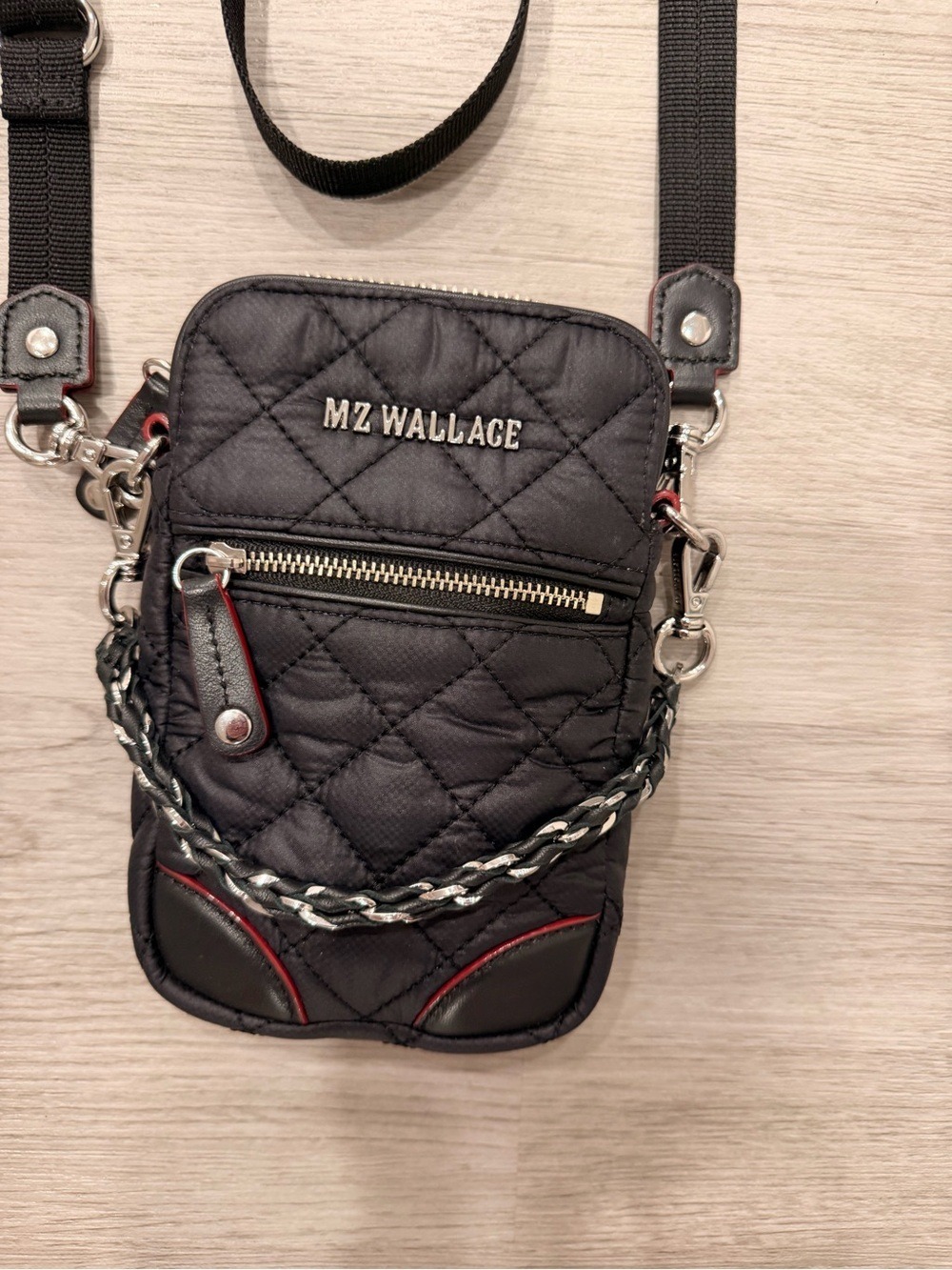 MZ WALLACE Micro Crosby Crossbody Bag Black Quilted Nylon Red Trim Travel - Picture 3 of 12